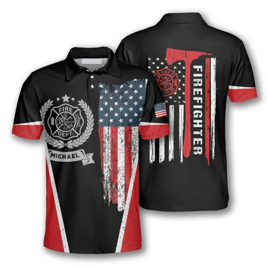 Discover Firefighter Vintage American Flag Custom Polo Shirts for Men, Firefighter shirt,
