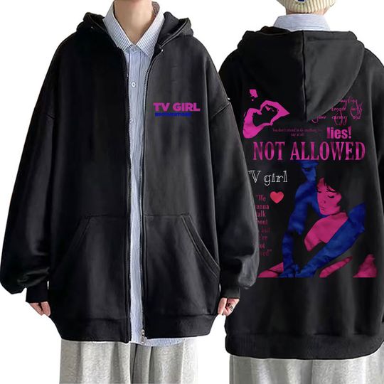 Discover Tv Girl Print Graphic Zipper Hoodie Unisex Fleece Cotton Zip Outerwear Male Black Sweatshirt Men Women Fashion Oversized Jacket