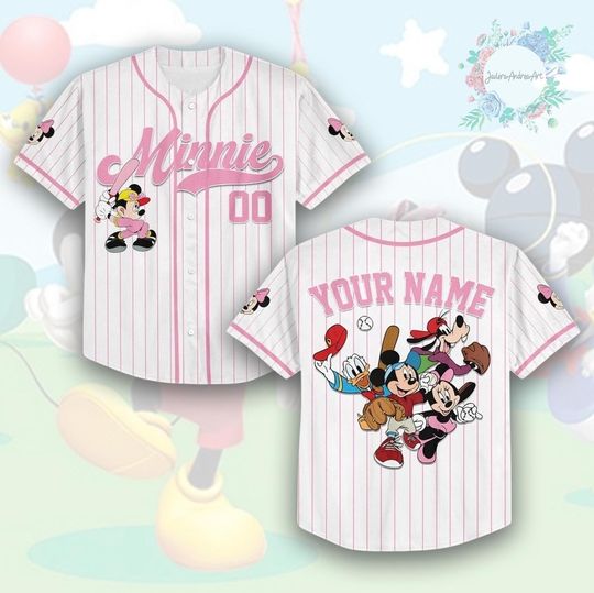 Discover Personalize Disney Mickey & Friends Cute Striped White, Custom Minnie Jersey, Minnie Baseball Team, Mickey Mouse Birthday.