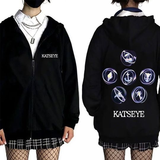 Korean Girl Group KATSEYE SIS Album Graphic Zipper Hoodie Men Women Casual Fleece Vintage Zip Up Jacket Unisex Zip Up Sweatshirt