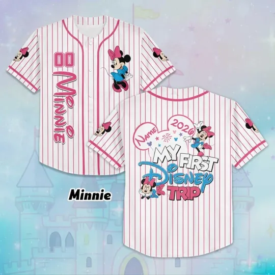 Discover Personalized Funny Minnie Mouse My First Trip 2026 Striped Baseball Jersey Shirt