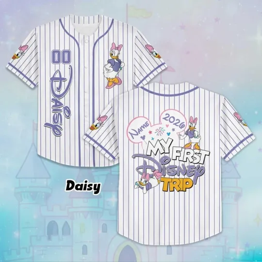 Discover Personalized Funny Daisy Duck My First Trip 2026 Striped Baseball Jersey Shirt