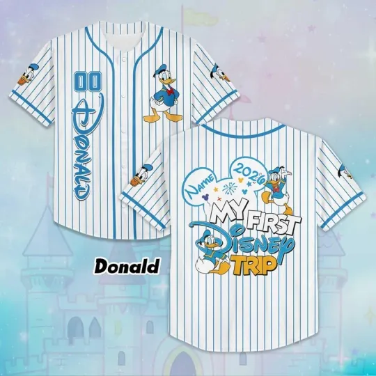 Discover Personalized Funny Donald Duck My First Trip 2026 Striped Baseball Jersey Shirt