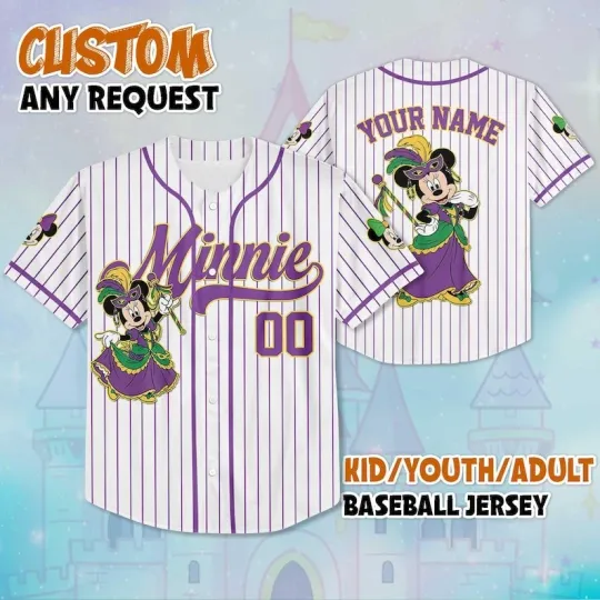 Discover Custom Minnie Mouse Happy Mardi Gras Carnival 2026 Baseball Jersey Shirt