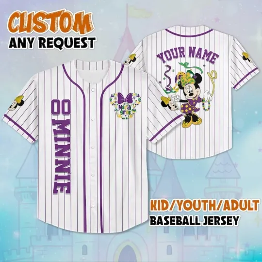 Discover Personalized Minnie Mouse Happy Mardi Gras Carnival 2026 Baseball Jersey Shirt