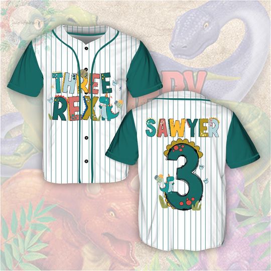 Discover Personalized 3 Rex Dinosaur Birthday Baseball Jersey, Boys Dinosaur Birthday Theme Party Jersey, TRex Birthday Jersey, Boys 3rd Birthday
