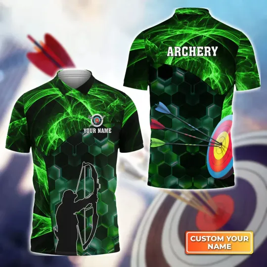 Discover Archer And Target Board Green, Personalized Name Archery 3D Polo Shirt for men,