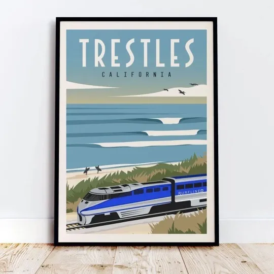Discover Trestles California Surfliner Coastal Travel Vintage Poster