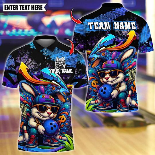 Discover Personalized Bowling Polo Shirt, Rich Gangster Urban Rabbit Bowling Design,Custom Bowling Polo for Men Women,Personalized Name Team 3D Shirt