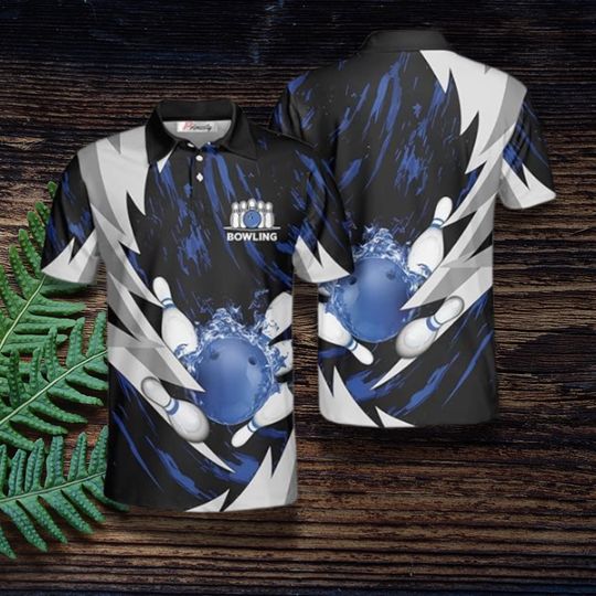 Discover Bowling Polo Shirt with Blue Ball and Pins, All Over Strike Graphic Team Jersey, Unisex League Bowler Shirt for Tournaments or Practice