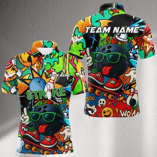 Discover Custom Bowling Team Polo Shirt, Personalized Graffiti Strike Jersey, Cool Cartoon Bowling Ball Top, Name and Team Printed League Gift