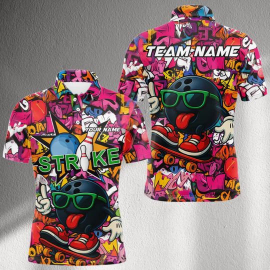 Discover Custom Bowling Team Polo Shirt Graffiti Strike Cartoon Ball Jersey Personalized Name And Team Name Colorful League Outfit Men Women Bowlers