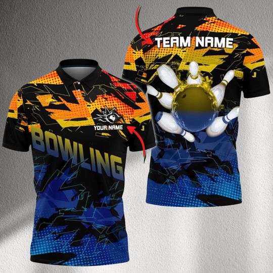 Discover Custom Bowling Team Shirt, Personalized Name Polo Jersey, Striking Bowling Ball Pins Graphic, Mens Womens League Tournament Top Shirt