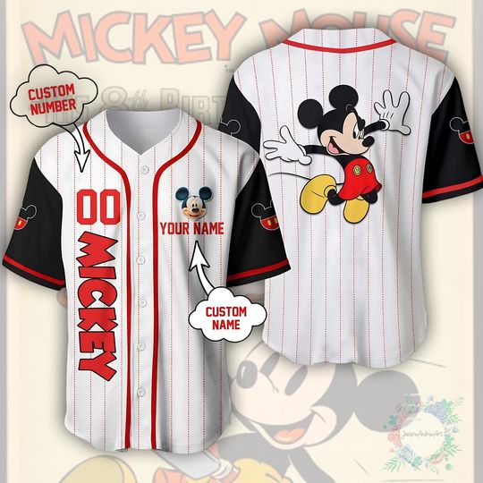 Discover Personalized Mickey Baseball Jersey Shirt, Custom Name Number Disney Baseball Jersey, Mickey Mouse Fan Gift, Cartoon Baseball Shirt