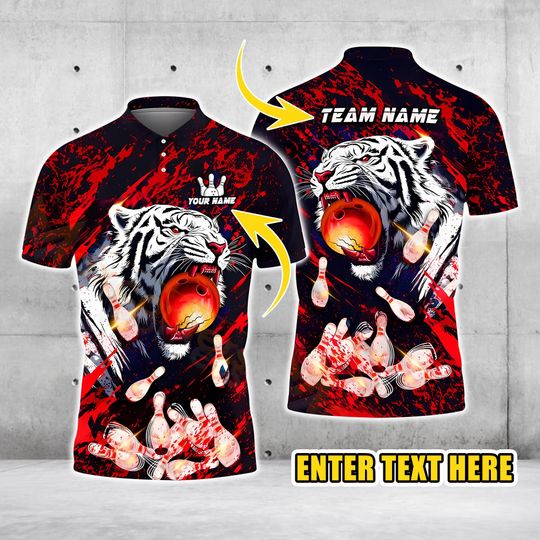 Discover Personalized Bowling Polo, Bowling Tiger Strike 3D Polo Shirt, Customized Name & Team Name, Flame Pins Bowling Outfit, Bowling Lovers Gift.
