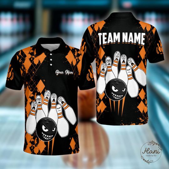 Discover Personalized Angry Ball Screaming Pins Bowling Polo Shirt, Custom Name Shirt for Bowlers, Bowling Team Uniform, Bowling League Shirt