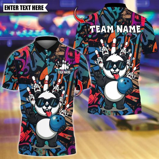 Discover Personalized Bowling Polo Shirt, Graffity Panda Cool Style With Bowling Design, Custom Bowling Polo for Men, Personalized Name Team 3D Shirt