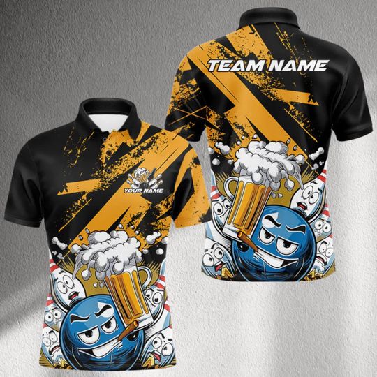 Discover Custom Bowling Beer Jersey Polo Shirt, Personalized Name Team Top, Cartoon Ball Pins Design, Fun Bar League Unisex Shirt for Teams Play