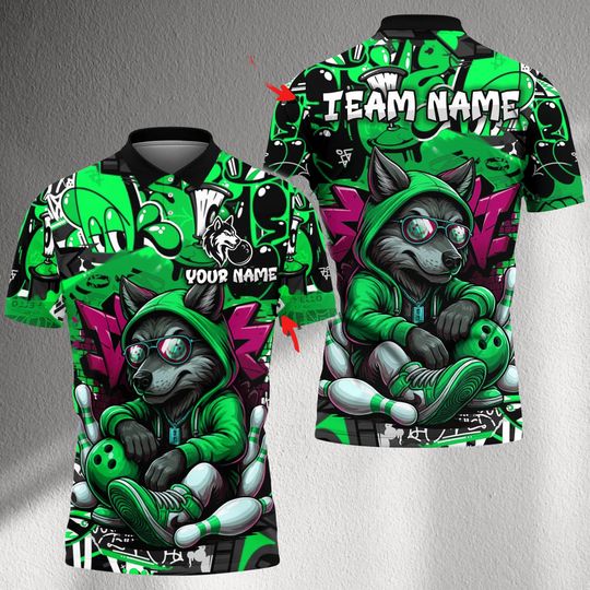 Discover Personalized Wolf Bowling Jersey, Graffiti Green Bowling Shirt, Custom Name & Team Name, Cool Wolf Unisex Bowling Team Polo