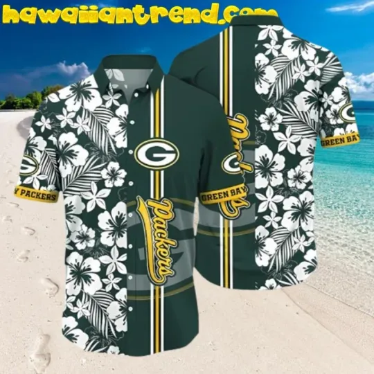 Discover Tropical Floral Green Bay Football Striped Floral Hawaiian Shirt