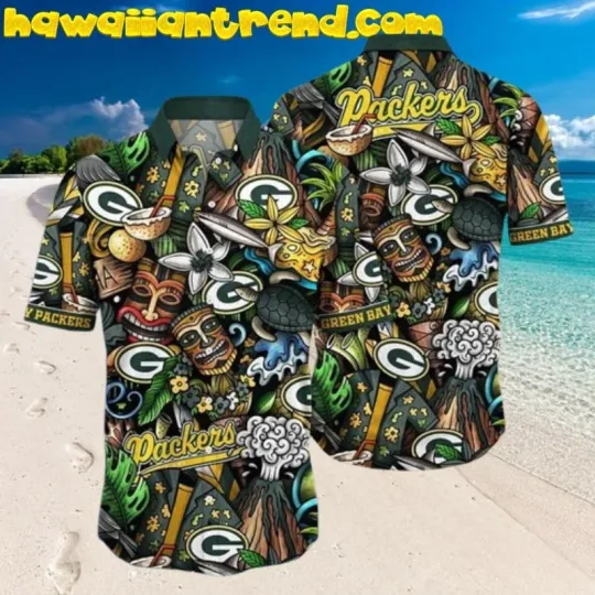 Discover The Green Bay Football Aloha Tiki Face Hawaiian Shirt