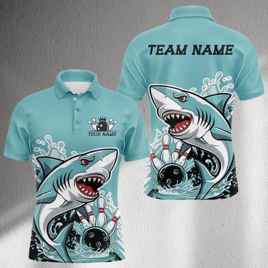 Discover Custom Shark Bowling Team Polo Shirt, Personalized Name & Team Text, Aqua Strike Bowling Jersey, Cool Unisex League Sportswear, Top
