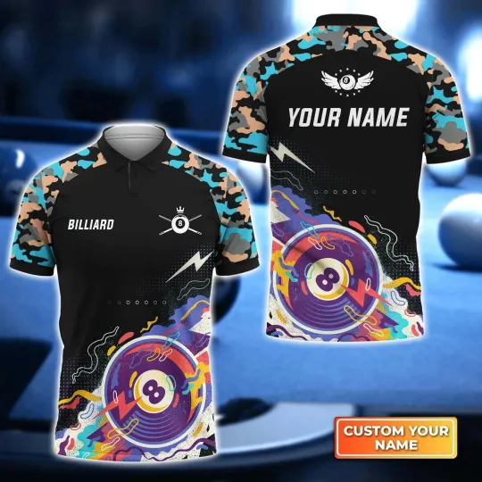 Discover Pool 8 Ball Black Blue Watercolor Personalized Name 3D Polo Shirt, Gift For Bill