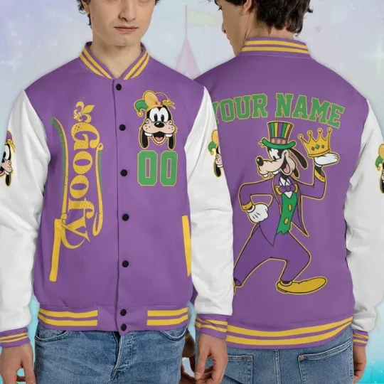 Discover Personalized Goofy Dog Happy Mardi Gras Carnival Purple White Baseball Jacket