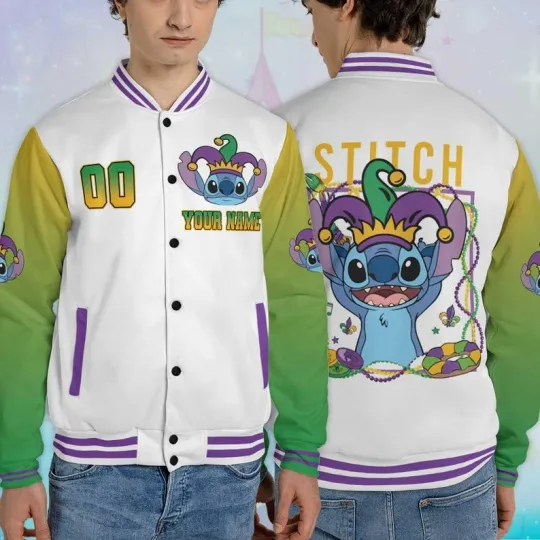 Discover Personalized Stitch Happy Mardi Gras Carnival 2026 Lilo & Stitch Baseball Jacket