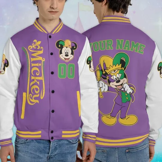 Discover Personalized Mickey Mouse Happy Mardi Gras Carnival Purple White Baseball Jacket