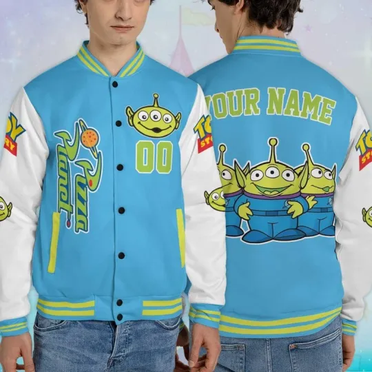 Discover Personalized Little Green Alien Pizza Planet Toy Story Fan Gift Baseball Jacket
