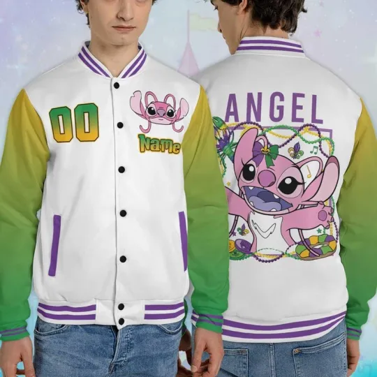 Discover Personalized Angel Mardi Gras Beads Lilo & Stitch Fat Tuesday Baseball Jacket