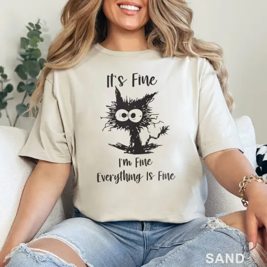 Discover It's Fine I'm Fine Everything Is Fine Shirt, Cute Black Cat Tee, , 202826