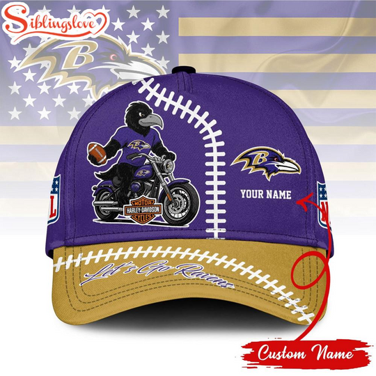 Custom Name Baltimore Ravens football Haarleyy Davidson 3D Baseball Cap