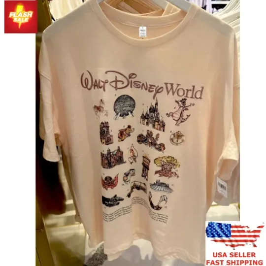 Discover New Apparel Disney Parks 2025 WDW Attractions Medium Icons Print Cream T-S