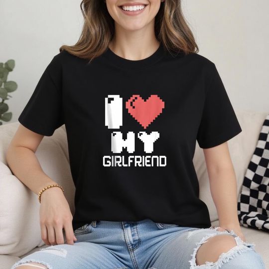Discover Girlfriend Graphic T-Shirt, I Love My Girlfriend Pixel Heart Tee, Cute Pride Couple Top