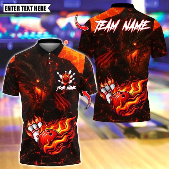 Discover Custom Bowling Polo Shirt, Bowling Fire Dragon And Magma Pattern, Personalized Bowling Polo for Men & Women,Personalized Name Team 3D Shirt