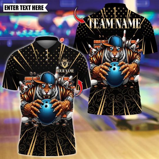 Discover Personalized Bowling Polo Shirt, Cool Tiger Bowling Design, Custom Bowling Polo for Men Women, Personalized Name Team 3D Shirt