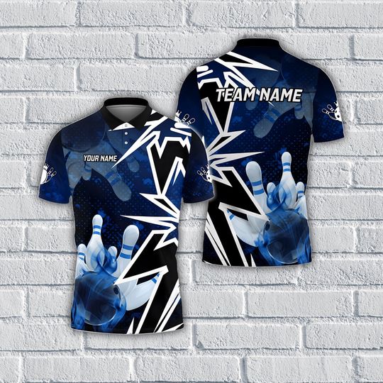 Discover Custom Bowling Polo Shirt, Personalized Name & Team Zipper Jersey, Bowling Ball and Pins Smoke Design Multicolor Polo.