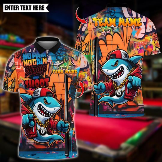 Discover Personalized Bowling Polo Shirt, Shark Graffiti Shut Up And Shoot Design, Custom Bowling Polo for Men Women, Personalized Name Team 3D Shirt