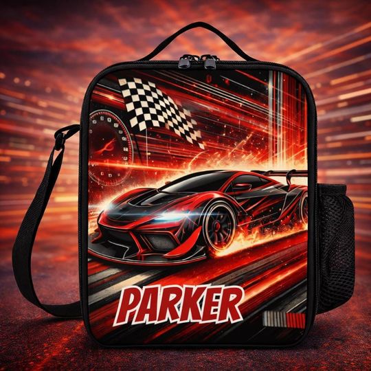 Discover Personalized Lunchbag for Kids Custom Monogrammed Lunch Tote with Name Sports Car Racetrack Flags Lunch Bag for School Camp Boys & Girls