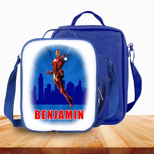Personalized Kids Lunch Bag with Strap - Iron Man Avengers Insulated School Picnic Box
