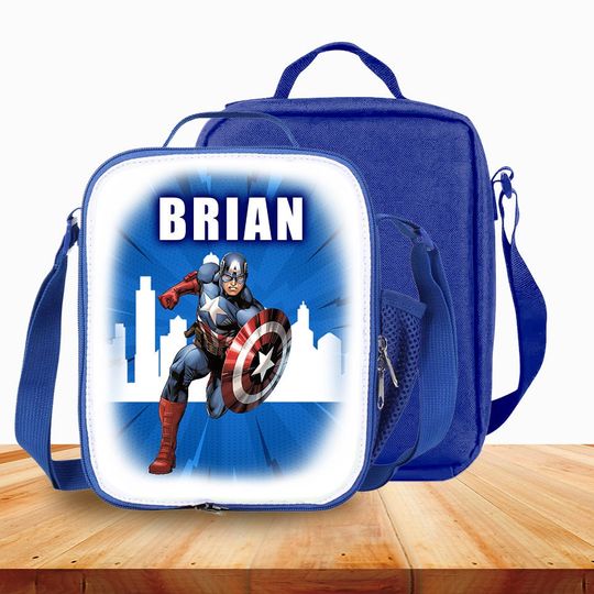 Discover Personalized Kids Lunch Bag with Strap Captain America Avengers Superhero Insulated Lunchbox