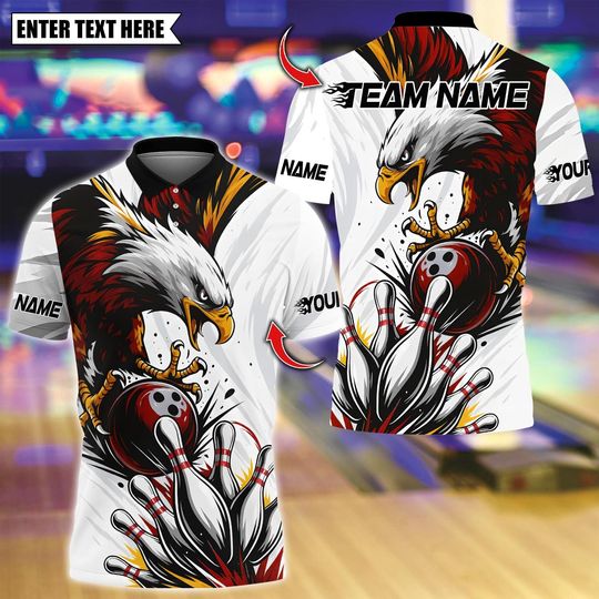 Discover Personalized Bowling Polo Shirt, Eagle Strike Bowling Design, Custom Bowling Polo for Men Women, Personalized Name Team 3D Shirt