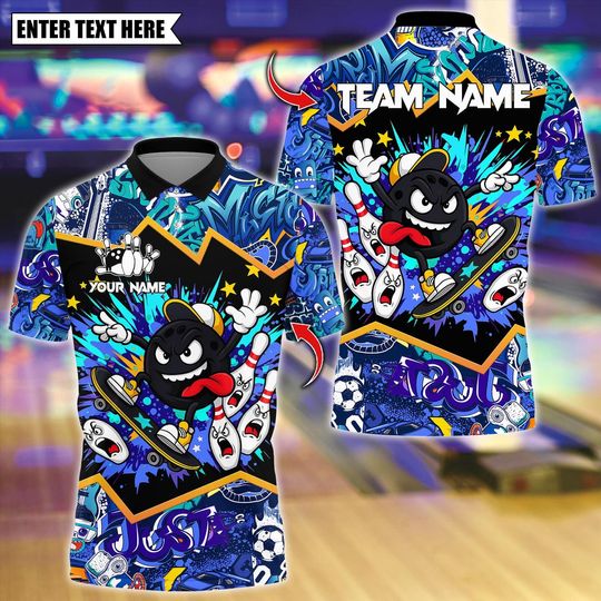 Discover Custom Bowling Polo Shirt, Skater Bowling Ball Attack Design, Personalized Bowling Polo for Men & Women, Personalized Name Team 3D Shirt