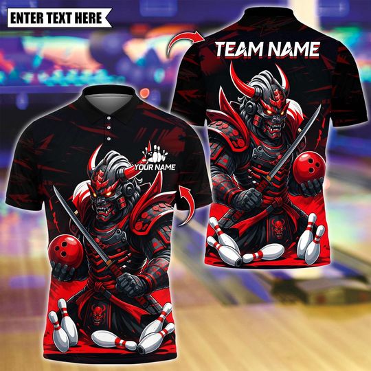 Discover Custom Bowling Polo Shirt, Samurai With Bowling Design, Personalized Bowling Polo for Men Women, Personalized Name Team 3D Shirt