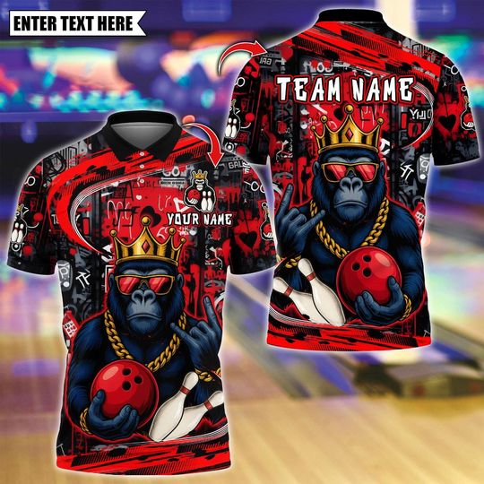 Discover Custom Bowling Polo Shirt, King Gorilla With Bowling Design, Personalized Bowling Polo for Men Women, Personalized Name Team 3D Shirt