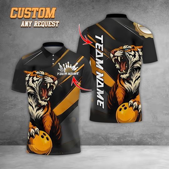 Discover Custom Tiger Bowling Jersey, Personalized Team Name Polo Shirt with Bowling Ball, Sports Uniform for Men Women, Unisex Polo.