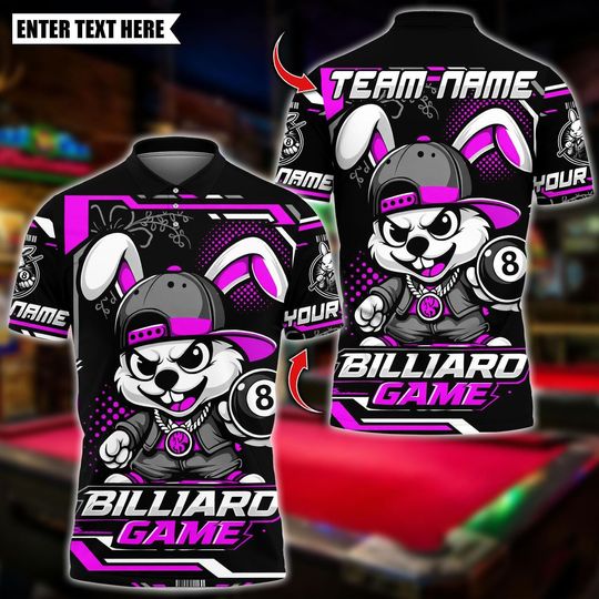 Discover Personalized Name Billiards Polo Shirt, Streetwear Bunny 8 Ball Design, Custom Team Shirt for Men, Gift for Billiards Players