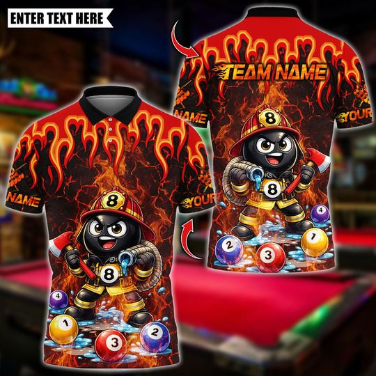 Discover Personalized Name Billiards Polo Shirt, Firefighter Billiard Flame Design, Custom Team Shirt for Men, Gift for Billiards Players